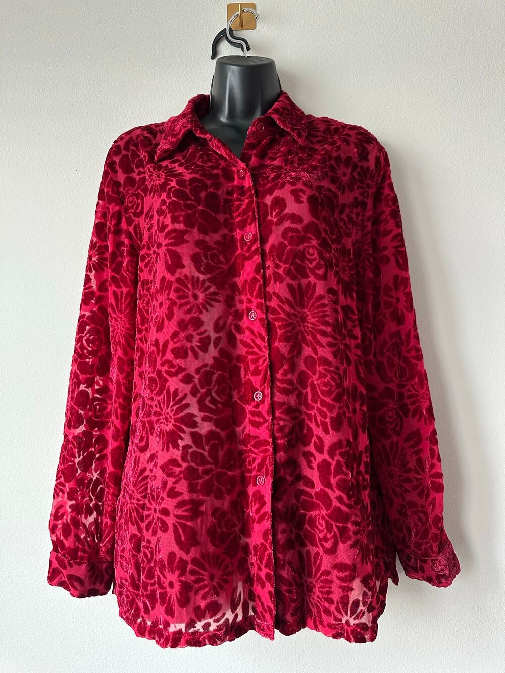 Y2K Red Burnout Velvet Sheer Floral Button Front Blouse Boho Gothic Women’s L